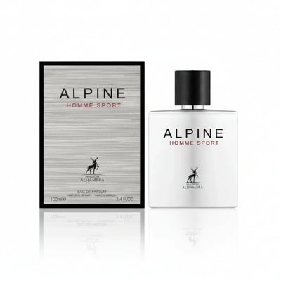Maison Alhambra Alpine Homme Sport — White bottle and box packaging for men's fragrance, featuring a deer logo and text.