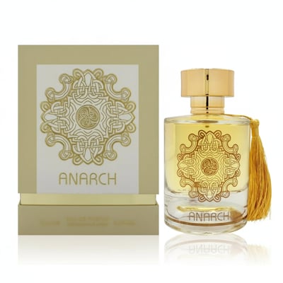 Maison Alhambra Anarch by Maison Alhambra 100ml EDP Women — Perfume bottle with gold cap and tassel next to its box, both featuring a gold Celtic knot design.