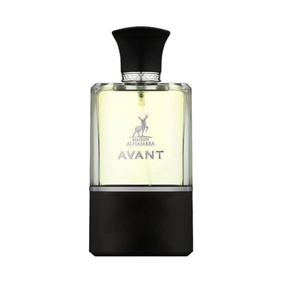 Maison Alhambra Avant by Maison Alhambra 100ml EDP Men — Clear glass perfume bottle with a black cap and a silver band, featuring a deer logo and text.
