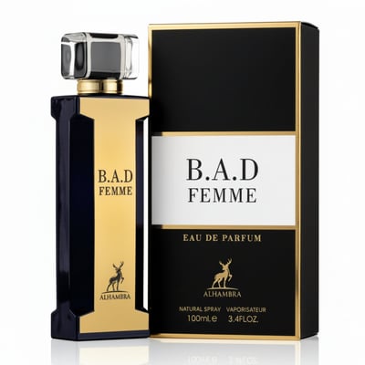 Maison Alhambra B.A.D. Femme by Maison Alhambra 100 ml — Dark blue and gold perfume bottle with a clear cap next to its black and gold box, featuring white text and a deer logo.