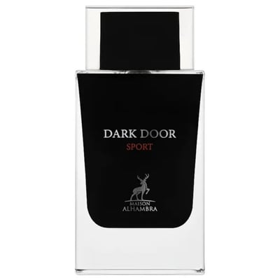 Maison Alhambra Dark Door Sport Men 100ml EDP — A clear glass bottle with a black label featuring 'DARK DOOR SPORT' in white and red text, and a deer logo above 'MAISON ALHAMBRA'. The cap is black and clear.