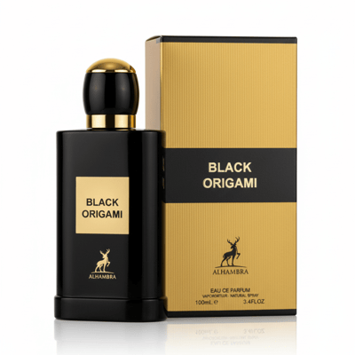 Maison Alhambra Black Origami — Black perfume bottle with gold cap and gold label, next to a gold ribbed box with black band.