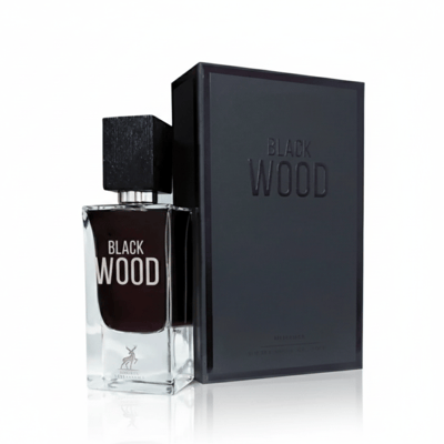 Maison Alhambra Black Wood 60ml by Maison Alhambra EDP for Men — A clear glass perfume bottle with a dark liquid and a textured black cap stands next to its matching black box, both featuring embossed "BLACK WOOD" text.