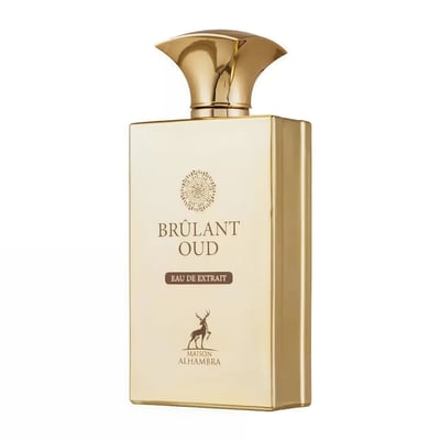 Maison Alhambra Brulant Oud — Gold rectangular perfume bottle with ornate gold cap, featuring a deer logo and text 'BRULANT OUD EAU DE EXTRAIT MAISON ALHAMBRA