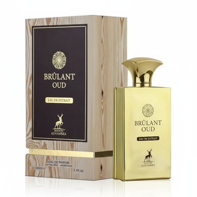 Maison Alhambra Brulant Oud — Gold bottle and wooden-patterned box with deer logo, set against a white background.