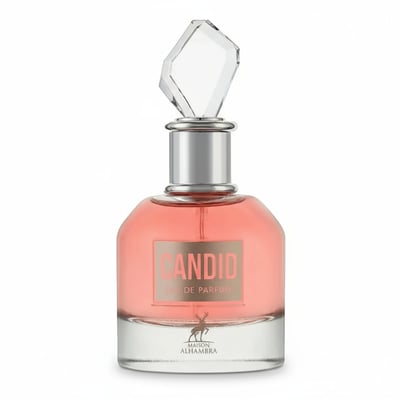 Maison Alhambra Candid by Maison Alhambra 100 ml for Women — Pink perfume in a clear glass bottle with a silver collar and a faceted crystal cap. The label is rose gold with 'CANDID' and 'EAU DE PARFUM' text, and a deer silhouette.