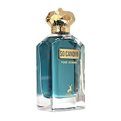 Maison Alhambra Candid Pour Homme — A clear glass perfume bottle with blue liquid, featuring a gold crown-shaped cap and a gold label with 'SO CANDID POUR HOMME' and a deer silhouette.