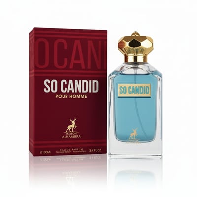Maison Alhambra Candid Pour Homme — A red box with gold lettering and a deer logo stands next to a clear glass perfume bottle with blue liquid and a gold faceted cap.