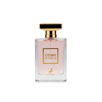 Maison Alhambra Como Moiselle by Maison Alhambra 100ml for Her — Rectangular glass perfume bottle with light pink liquid, gold cap, and gold label featuring a deer silhouette.