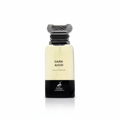 Maison Alhambra Dark Aoud — Clear glass perfume bottle with a black base, silver textured cap, and light yellow liquid. Features the brand logo and product name.