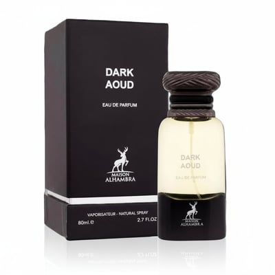 Maison Alhambra Dark Aoud 80ml EDP — Black box and dark glass perfume bottle with brown textured cap, featuring deer logo and text.