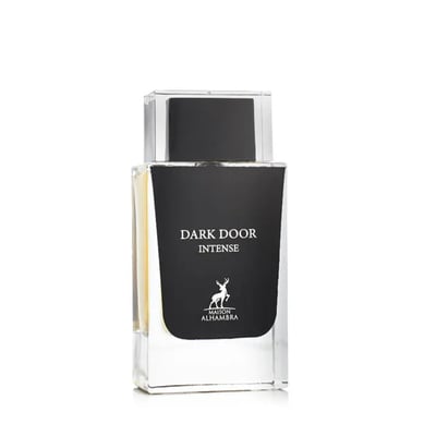 Maison Alhambra Dark Door Intense by Maison Alhambra 100ml Men — Clear glass perfume bottle with a black label featuring white text 'DARK DOOR INTENSE' and a deer silhouette logo, against a white background.