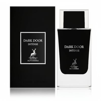 Maison Alhambra Dark Door Intense — Black box and clear glass bottle with black cap, featuring a silver deer logo and text.