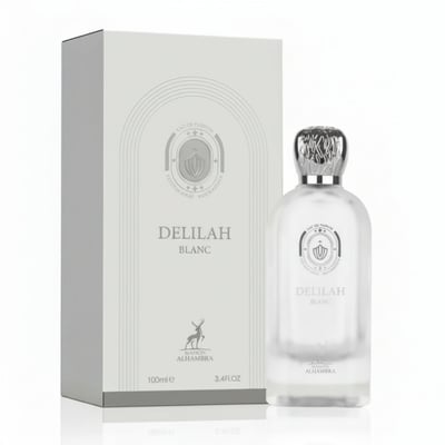 Maison Alhambra Delilah Blanc — White perfume box and frosted glass bottle with silver cap, featuring embossed crest and deer logo.