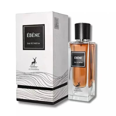 Maison Alhambra Ebene by Maison Alhambra Perfume 90 ml EDP — A clear glass perfume bottle with amber liquid and a black cap, next to its white textured box with black text and a deer logo.