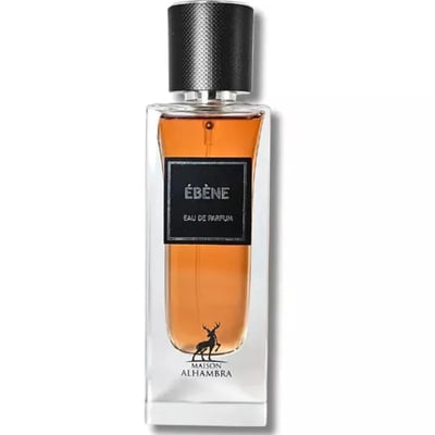 Maison Alhambra Ebene by Maison Alhambra Perfume 90 ml EDP — Clear glass bottle with amber liquid, black label with gold text 'ÉBÈNE EAU DE PARFUM', and a deer silhouette logo above 'MAISON ALHAMBRA' text.