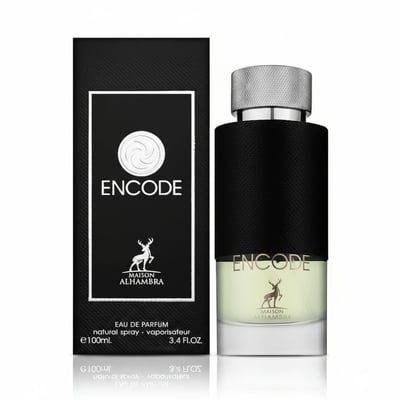 Maison Alhambra Encode By Maison Alhambra 100ml for Man — Black textured bottle with silver cap, white logo and text on black box, deer emblem