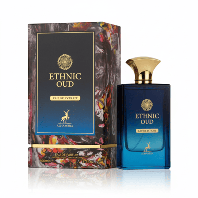 Maison Alhambra Ethnic Oud 100ml EDP — A blue glass perfume bottle with a gold cap and a decorative box with floral and abstract patterns, set against a white background.