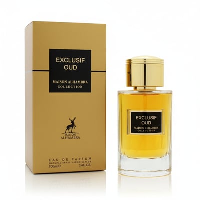 Maison Alhambra Exclusif Oud — Gold box and clear glass perfume bottle with gold cap, filled with amber liquid, isolated on white background.
