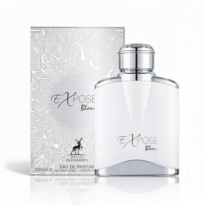 Maison Alhambra Expose Blanc 100ml EDP Men — White perfume bottle with silver accents and a silver patterned box, featuring a deer logo and text.