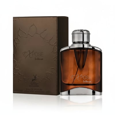 Maison Alhambra Expose Intense by Maison Alhambra – 100 ml for Men, featuring a brown glass perfume bottle with a silver cap and a matching brown textured box with embossed details.