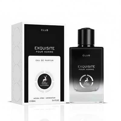 Maison Alhambra Exquisite Club By Maison Alhambra For Men 100ml — Black perfume bottle and matching box with deer logo, white background.