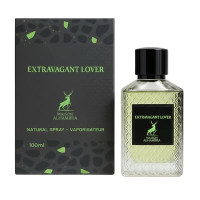 Maison Alhambra Extravagant Lover – Black box with green accents and deer logo next to a clear glass perfume bottle with a black cap and black label.