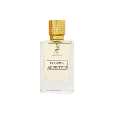 Maison Alhambra Flower Addiction by Maison Alhambra for Him 100ml — Clear glass perfume bottle with a gold textured cap, featuring a deer logo and 'Flower Addiction' label.