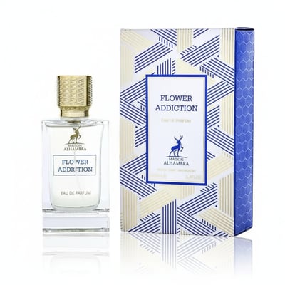 Maison Alhambra Flower Addiction by Maison Alhambra for Him 100ml — Clear glass perfume bottle with gold cap and white label, next to its blue and gold geometric patterned box.