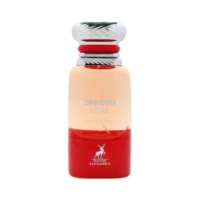 Maison Alhambra Forbidden Love by Maison Alhambra 80ml EDP Women — A clear glass perfume bottle with a gradient of peach to red liquid, silver and red striped cap, and the brand logo at the base.