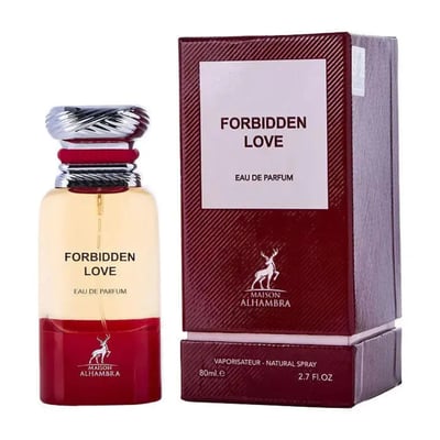 Maison Alhambra Forbidden Love — Eau de Parfum bottle with a red and gold striped box, featuring a deer logo.
