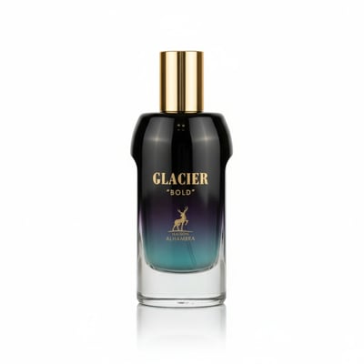 Maison Alhambra Glacier Bold by Maison Alhambra 100ml EDP — A clear glass perfume bottle with a gradient dark purple to teal liquid, a gold cap, and a gold deer silhouette logo.