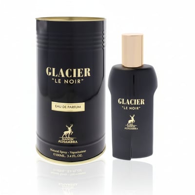 Maison Alhambra Glacier Le Noir — Black cylindrical box and black perfume bottle with gold cap and accents, set against a white background.