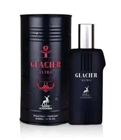 Maison Alhambra Glacier Ultra Man By Maison Alhambra Perfume EDP 100ml — Black cylindrical packaging with red anchor logo next to a dark blue perfume bottle with silver cap, set against a white background.