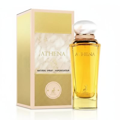 Maison Alhambra Athena Eau de Parfum 100 ml Ville Femme — Yellow perfume bottle with gold accents and a marble-patterned box, both featuring the Athena logo and text.