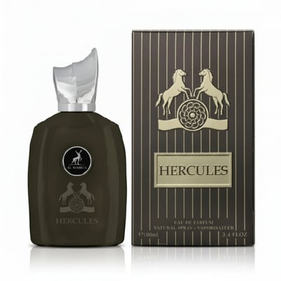 Maison Alhambra Hercules by Maison Alhambra For Him 100ml — Dark brown perfume bottle with silver cap and circular emblem featuring a deer, next to a dark brown striped box with gold horse and circular emblem.