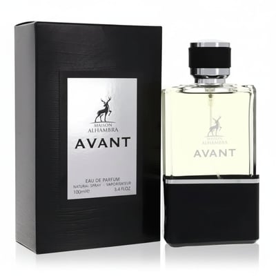 Maison Alhambra Avant — Black textured box with silver label and deer logo, next to a clear glass perfume bottle with yellow liquid and black cap.