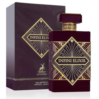 Maison Alhambra Infini Elixir — A maroon perfume bottle and its matching box, both featuring a gold geometric art deco design and the text "INFINI ELIX".