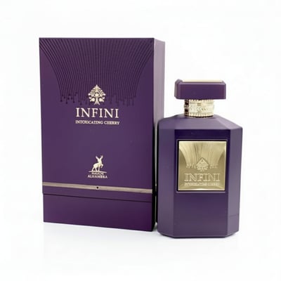 Maison Alhambra Infini Intoxicating Cherry — Purple perfume bottle and matching box with gold accents, set against a white background.