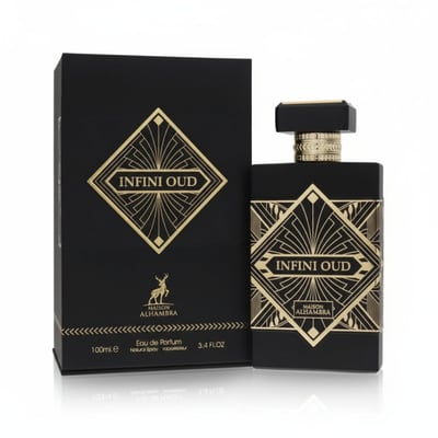 Maison Alhambra Infini Oud by Maison Alhambra Man 100ml EDP — Black box and bottle with gold geometric art deco design, gold cap, deer logo, and text details.