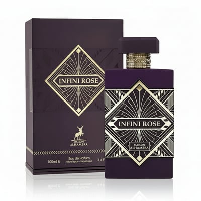 Maison Alhambra Infini Rose 100ml EDP Unisex — A dark purple perfume box and bottle with gold geometric art deco designs and the text 'INFINI ROSE' and 'MAISON ALHAMBRA'.