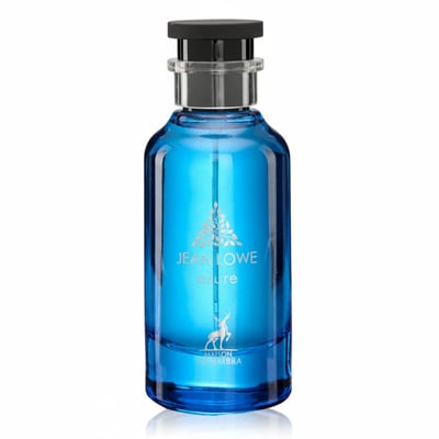 Maison Alhambra Jean Lowe Azure EDP 100 ml — A blue glass perfume bottle with a black cap and silver accents, featuring a silver tree and deer emblem on the front.