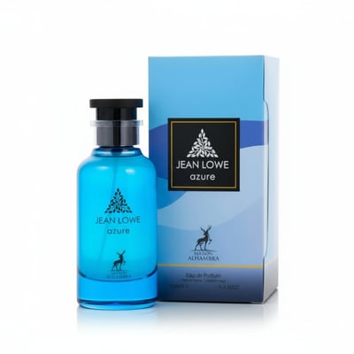 Maison Alhambra Jean Lowe Azure — Blue glass perfume bottle with black cap next to its light blue and white gradient box, featuring a deer logo and text.