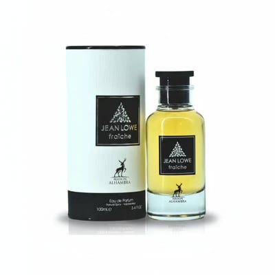 Maison Alhambra Jean Lowe Fraiche — A 100ml bottle of Jean Lowe Fraiche Eau de Parfum by Maison Alhambra, presented with its white cylindrical box, both featuring a black label with a deer silhouette and the brand name.