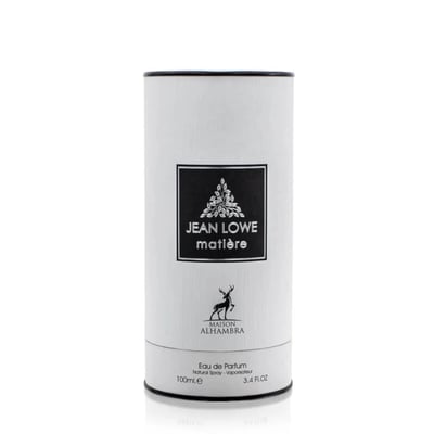 Maison Alhambra Jean Lowe Matiere — White cylindrical perfume box with black trim, featuring a black label with white text and a deer logo.