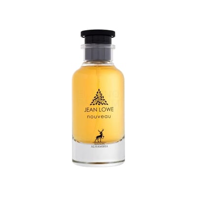 Maison Alhambra Jean Lowe Nouveau — A clear glass perfume bottle with yellow liquid, black cap, and a label featuring a deer silhouette and text.