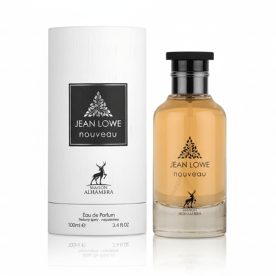 Maison Alhambra Jean Lowe Nouveau — White cylindrical box and amber glass perfume bottle with black cap, featuring deer logo and text.