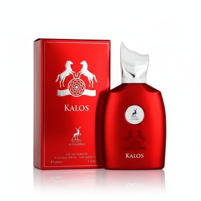 Maison Alhambra Kalos by Maison Alhambra Woman 100ml — Red perfume bottle and matching red box with silver horse emblem, presented on a white reflective surface.