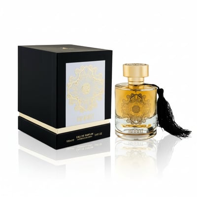 Maison Alhambra Karat by Maison Alhambra 100ml EDP — Black gift box with gold ornate design and the Karat perfume bottle with gold cap and black tassel, set against a white background with reflections.
