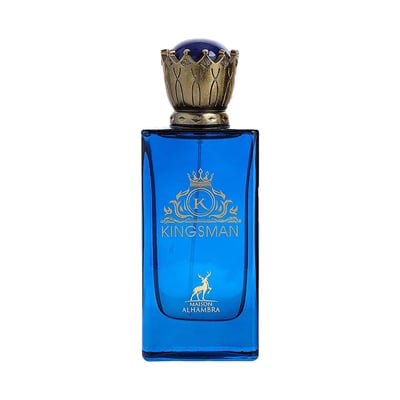 Maison Alhambra Kingsman by Maison Alhambra – 100 ml for Him — Blue glass perfume bottle with gold crown cap and gold emblem featuring a 'K' and a deer.